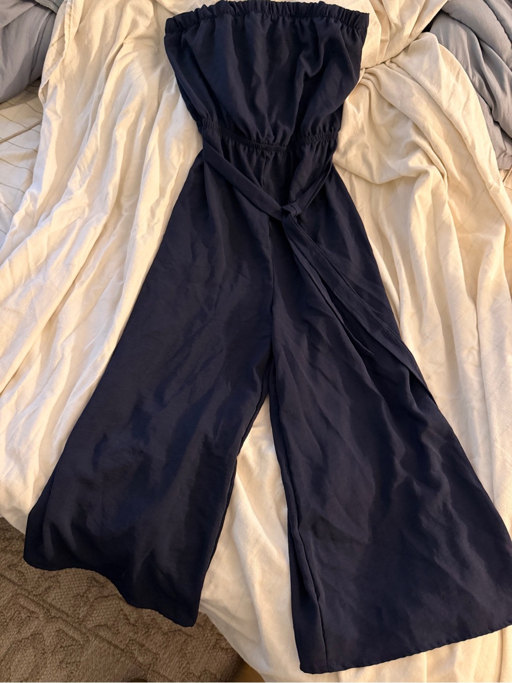 Strapless Navy Wide-Leg Jumpsuit with Self-Tie Belt..